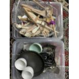 A quantity of cooking utensils, bowls, flan dish, wooden spoons, utensils, etc. contained in two