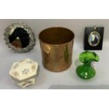A Liberty hexagonal box and cover, a green crackle glass jug, a hanging mirror in white metal
