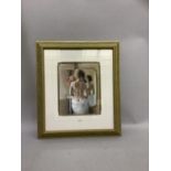 A colour print, three-quarter portrait of a semi-naked woman, titled 'Domingo', in a gilt frame,