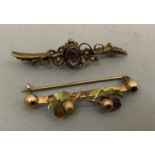A George V amethyst and seed pearl bar brooch in 15ct gold, the oval facetted stone collet set,