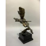 A bronze sculpture of a violinist signed Bern and bearing the number 96 on an ebonised plinth,