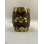 A Shanghai hardwood and brass mounted barrel box and cover applied with bat emblems, 11.5cm high x