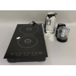 A Stellar electric portable double hob together with a Kenwood electric tin opener and a mini mixer