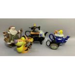 Five novelty teapots including sewing machine, Father Christmas, Marmite, Tigger and Tweetie Pie
