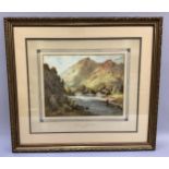 W J Wilson, Grange in Borrowdale, river and mountain landscape with fishermen, watercolour, signed