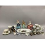 Various china trinket boxes, commemorative cup and saucer and mugs, a pair of Goebel figures,