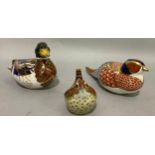 Three Royal Crown Derby birds including Jenny Wren with gold back button, duck with gold button