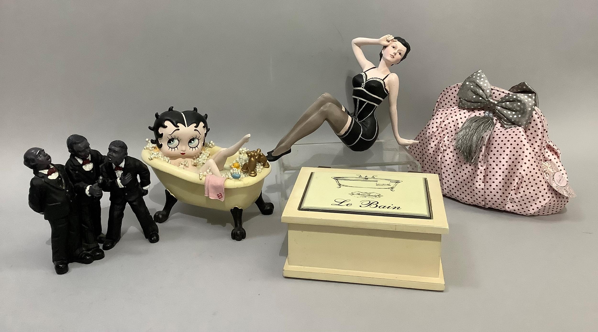 A Betty Boop in the bath, woman in lingerie, a group of three singers, bathroom box, and a Lizbeth