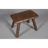 AN EARLY 19TH CENTURY OAK STOOl, with contemporary brown finish, rectangular, on four splayed square