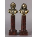 A PAIR OF FRENCH BRONZE AND MARBLE BUSTS OF MOLIERE (1639-1699) and of ROUSSEAU (1712-1778), each on
