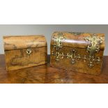 A MID 19TH CENTURY FIGURED WALNUT AND CUT BRASS DOMED BOX, mounted with cartouche, strapwork and