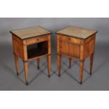 A PAIR OF FRENCH KINGWOOD AND MARBLE TOP BEDSIDE CABINETS, with brass frieze to the marble, mirror-