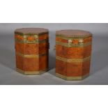 A PAIR OF EARLY 20TH CENTURY BURR WALNUT AND BRASS MOUNTED COAL BOXES of octagonal outline, brass