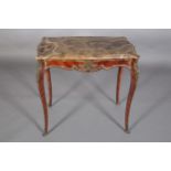 A FRENCH KINGWOOD AND MARBLE GILT METAL MOUNTED TABLE of rectangular serpentine outline, the apron