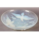 VERLYS, FRANCE, a large clear and opalescent glass bowl, circular, with relief moulded kingfishers