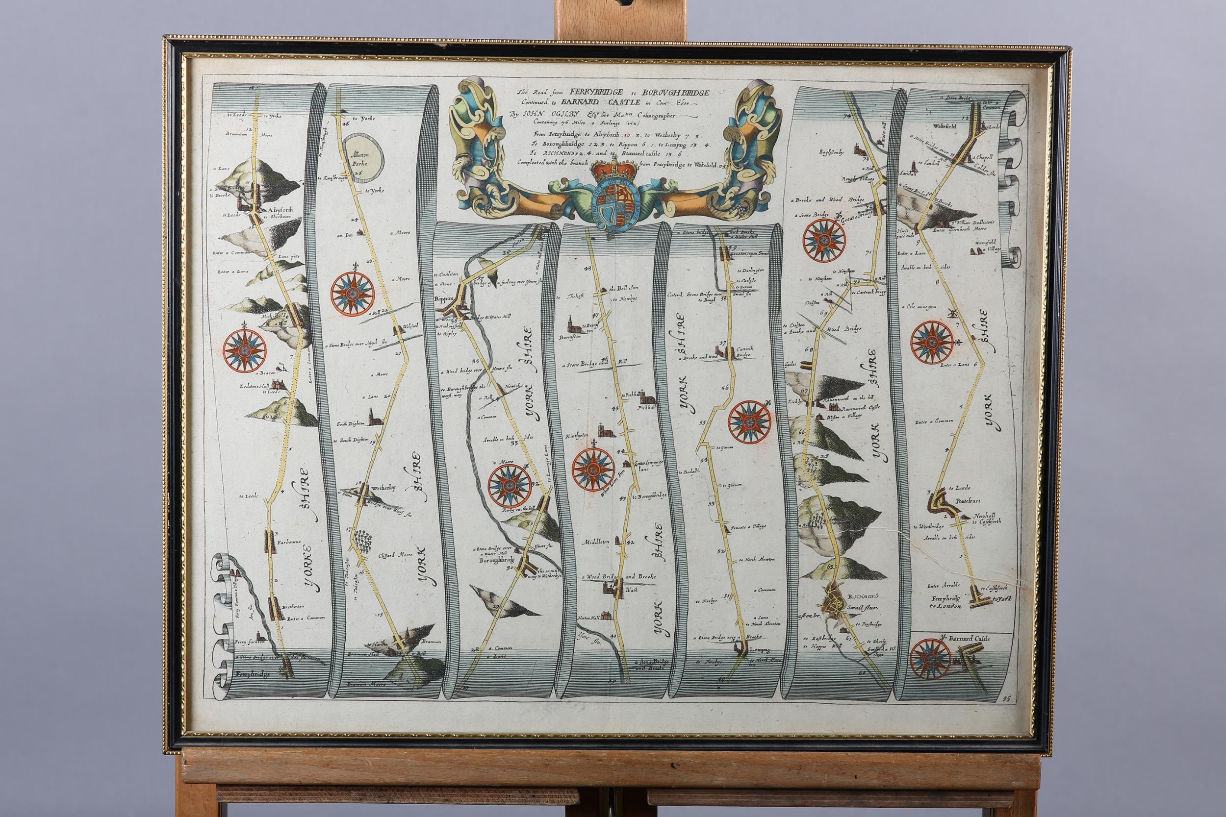 JOHN OGILBY (1600-1676), The Road from Ferrybridge to Boroughbridge, strip map, hand coloured,