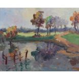 BRITISH MID-20TH CENTURY, Landscape with pond and trees, oil on canvas, unsigned, 33cm x 41cm