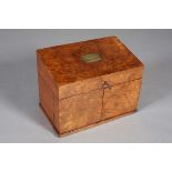 A VICTORIAN BURR WALNUT STATIONERY BOX, the sloping lid with brass cartouche engraved E. O.