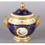 A COALPORT CHINA POT POURRI VASE AND PIERCED COVER WITH BUD FINIAL, twin ram's mask and loop
