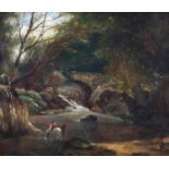 C or G RICHARDSON (19th century), River valley and bridge with rider and horses watering, oil on