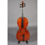A LATE 19TH/EARLY 20TH CENTURY CELLO, unlabelled, two piece back, 29.5 inches, 75cm, with soft case,