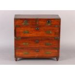 A MID 19TH CENTURY APPRENTICE PIECE MAHOGANY AND BRASS BOUND CAMPAIGN CHEST of two short and three