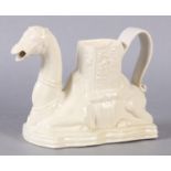 AN 18TH CENTURY STAFFORDSHIRE WHITE SALT GLAZE CAMEL TEAPOT, c.1740-45 slipcast, in the form of a