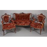 A VICTORIAN MAHOGANY OCCASIONAL SOFA AND PAIR OF ARMCHAIRS, having a moulded and encircling frame