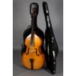 A THREE QUARTER DOUBLE-BASS having a single piece maple back with two bows, fitted cloth cover and