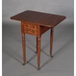 A MID 19TH CENTURY MAHOGANY PEMBROKE WORK TABLE, having twin drop leaves, double fronted drawer with