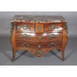 A 19TH CENTURY FRENCH KINGWOOD AND ROUGE MARBLE BOMBÉ COMMODE, with gilt metal caryatid to the