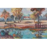 BRITISH MID-20TH CENTURY, Summer landscape with pond, trees and farmhouse beyond, oil on canvas,