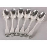 A SET OF SIX GEORGE III SILVER TABLE SPOONS, fiddle pattern with engraved crest of lion passant over