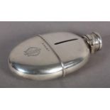 A VICTORIAN SILVER AND GLASS LINED SPIRIT FLASK, of oval outline with bayonet fitted top, sight