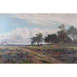 B S... late 19th/early 20th century, Heathland track with sheep grazing, oil on canvas, indistinctly