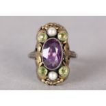 AN ARTS AND CRAFTS AMETHYST AND PEARL RING c.1930 attributed to Bernard Instone (1891-