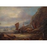 19TH CENTURY BRITISH SCHOOL, Coastal landscape with fishing boats and figures at low tide, oil on