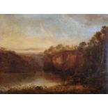 FRENCH 19TH CENTURY SCHOOL, River valley landscape with angler and woman on the river bank, oil on