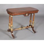 A MID 19TH CENTURY AMBOYNA AND EBONY CARD TABLE, rectangular with rounded ends, central medallion