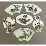 SIX CHINESE CERAMIC FURNITURE PLAQUES, of various shapes painted with figures in gardens, a set of