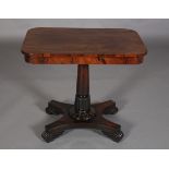 A LATE REGENCY ROSEWOOD PEDESTAL TABLE, rectangular, on fluted and petal carved column on a