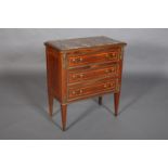 A FRENCH MAHOGANY AND ROUGE MARBLE COMMODE with gilt metal mounts, having three graduated drawers