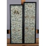 Chinese silk embroidered sleeve bands, Qing Dynasty, framed and glazed: the first pair embroidered