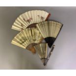 Four Chinese folding fans, 18th/19th century, Qing Dynasty, the first with wood sticks painted