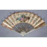 An 18th century French fan c 1775, with straw applied to the silk leaf, forming flowers, painted