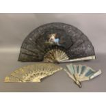 Three 19th century fans, the first a c 1890’s large lace fan with painted gauze panel, the monture