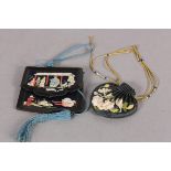 Chinese embroidery Qing dynasty: a small heart-shaped purse with draw string fastening, dark blue