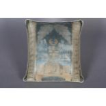 A 19th century woven silk cushion, small, pale turquoise and gold, bearing the symbols and blazon of
