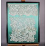 Antique lace: two fine fragments of Belgian lace framed for display, the first c 1880’s, from a