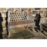 A wrought iron garden bench, painted blue, on cabriole legs 108cm x 48cm x 86cm high